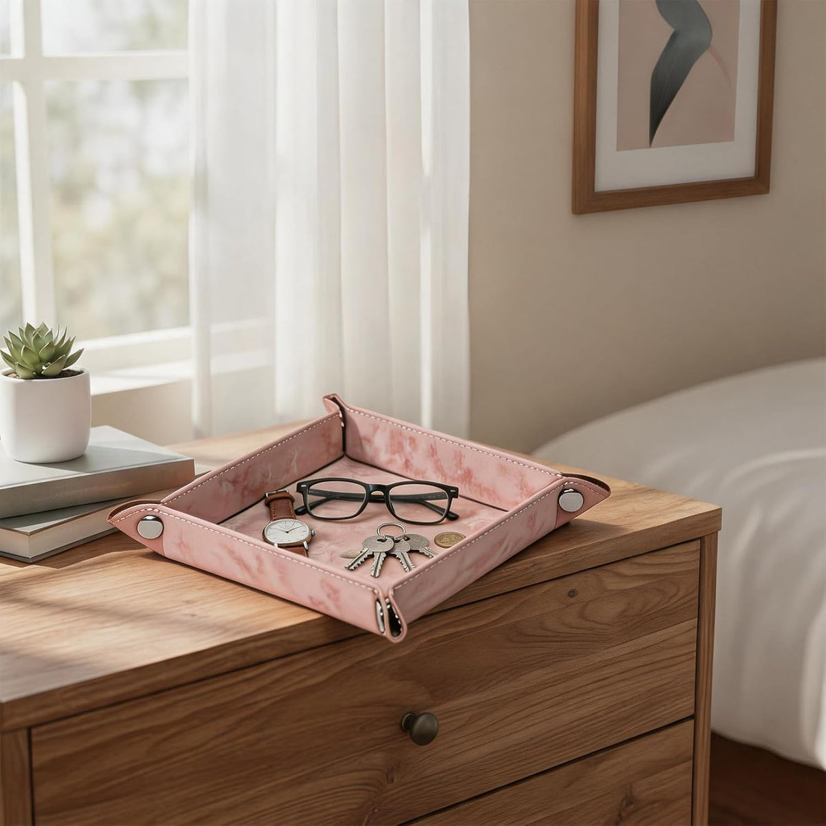 Valet Tray Desktop Storage Organizer – Vegan Leather Catchall Bedside Vanity Tray Nightstand Caddy Holder for Remote Controller, Watch, Keys, Phone, Wallet, Coin, Jewelry, Marble Pink