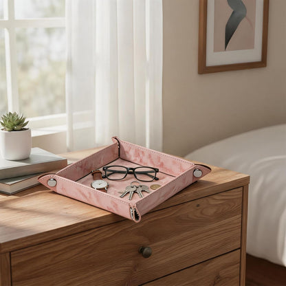Valet Tray Desktop Storage Organizer – Vegan Leather Catchall Bedside Vanity Tray Nightstand Caddy Holder for Remote Controller, Watch, Keys, Phone, Wallet, Coin, Jewelry, Marble Pink