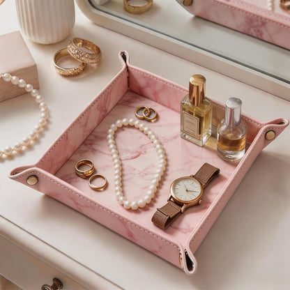 Valet Tray Desktop Storage Organizer – Vegan Leather Catchall Bedside Vanity Tray Nightstand Caddy Holder for Remote Controller, Watch, Keys, Phone, Wallet, Coin, Jewelry, Marble Pink