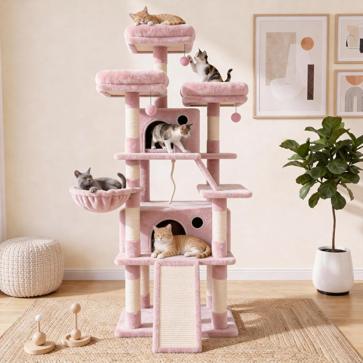 70 Inch Tall Cat Tree Tower for Indoor Cats, Multi-Level Large Cat Condo with Scratching Posts, Hammock & Perches, Sturdy Activity Center for Big Cats/Pink