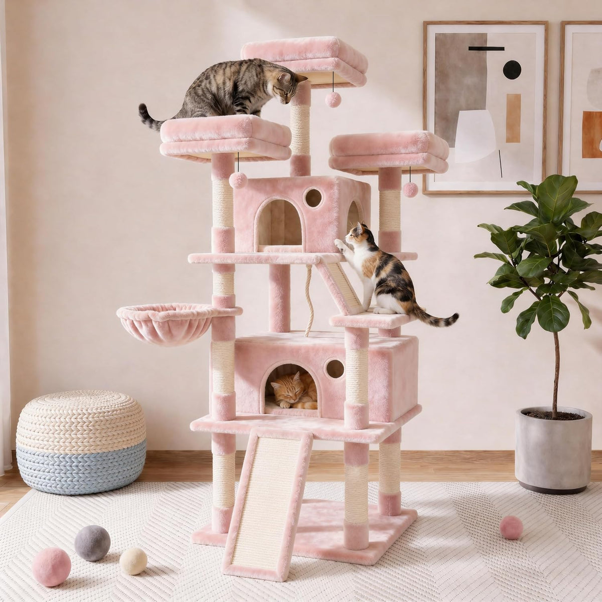 70 Inch Tall Cat Tree Tower for Indoor Cats, Multi-Level Large Cat Condo with Scratching Posts, Hammock & Perches, Sturdy Activity Center for Big Cats/Pink