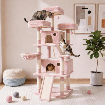 70 Inch Tall Cat Tree Tower for Indoor Cats, Multi-Level Large Cat Condo with Scratching Posts, Hammock & Perches, Sturdy Activity Center for Big Cats/Pink