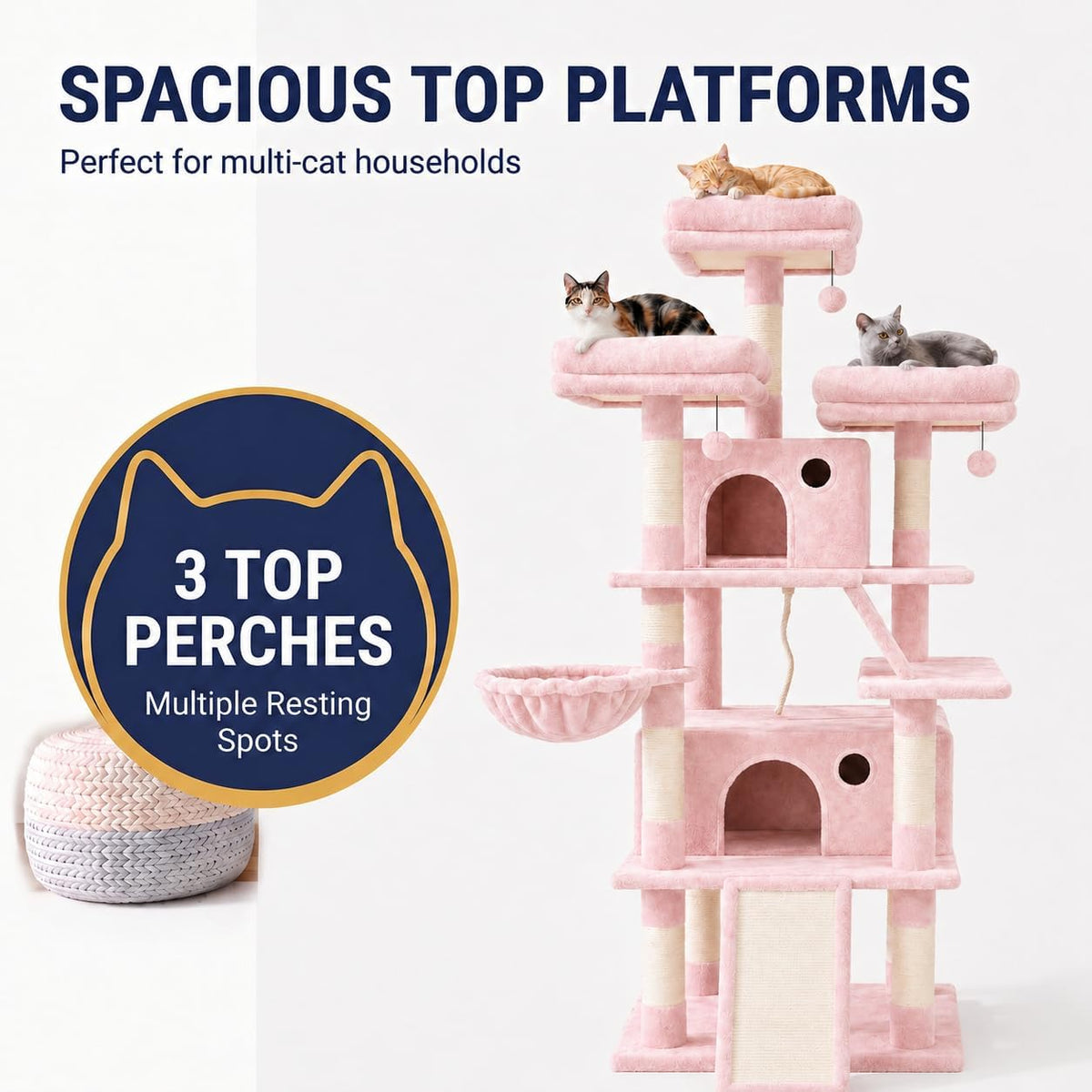 70 Inch Tall Cat Tree Tower for Indoor Cats, Multi-Level Large Cat Condo with Scratching Posts, Hammock & Perches, Sturdy Activity Center for Big Cats/Pink