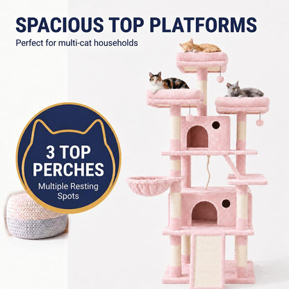 70 Inch Tall Cat Tree Tower for Indoor Cats, Multi-Level Large Cat Condo with Scratching Posts, Hammock & Perches, Sturdy Activity Center for Big Cats/Pink