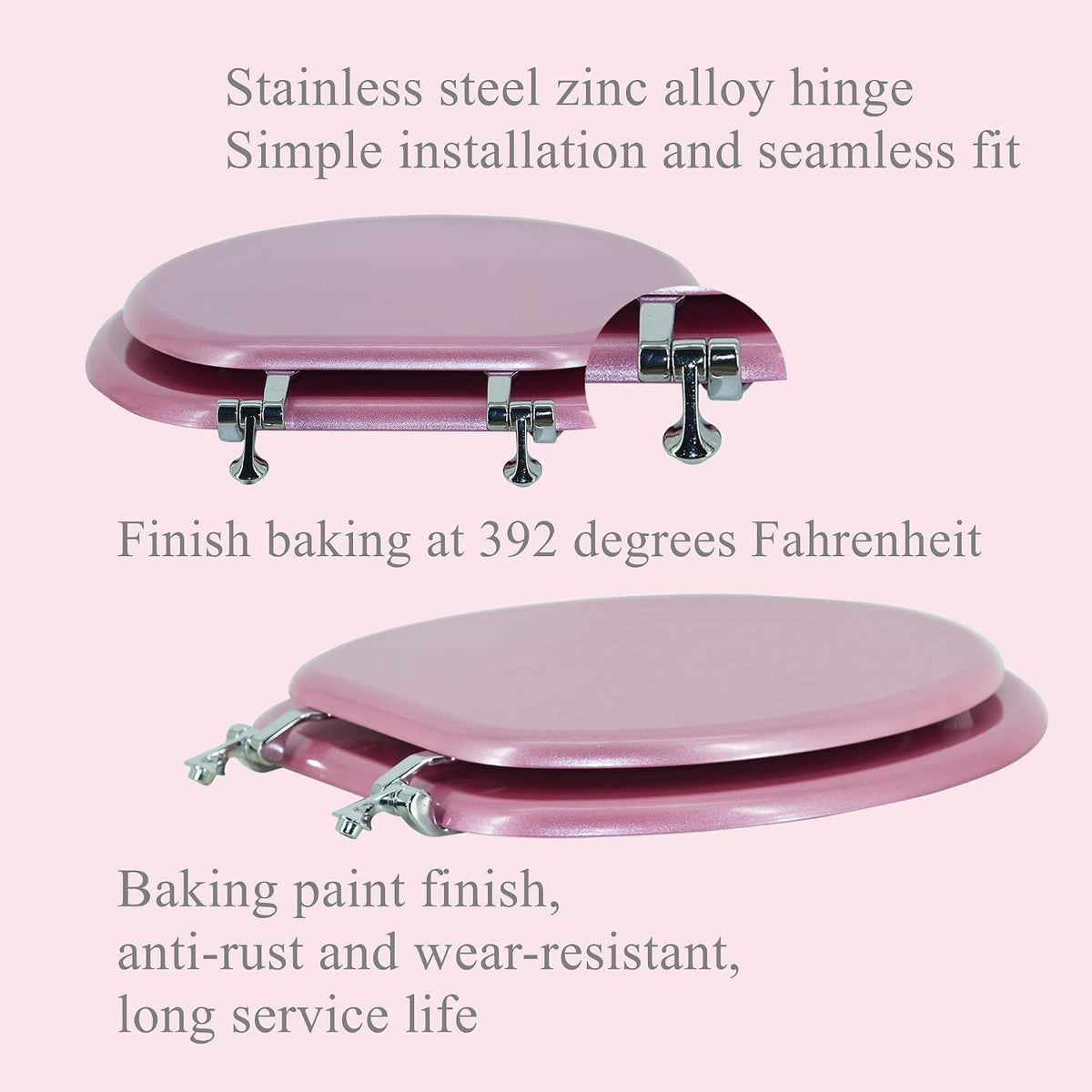 Elongated Toilet Seat Wood Toilet Seat Prevent Shifting with Zinc Alloy Hinges American Standard Size Toilet Seat Easy to Install also Easy to Clean (Elongated,Sparkling Pink)