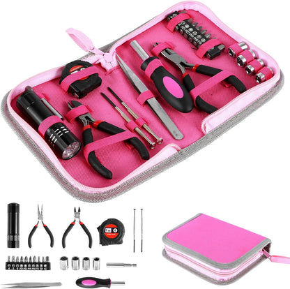 23 Pcs Pink Tool Set, General Household Repair Tool Kit Multifunctional Pink Home Hand Tool Set with Storage Bag Portable Women Repair Tool Combination Set with for Girls & Women DIY Home Repair