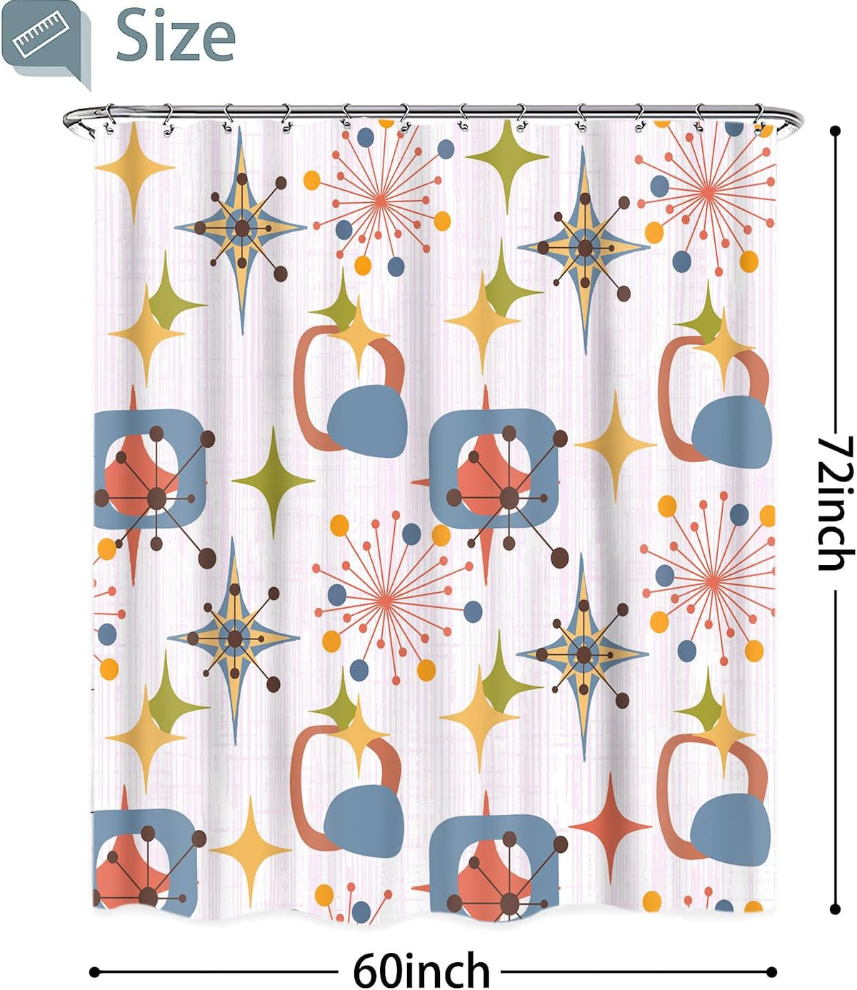 Mid Century Shower Curtain, Retro Pink Striped Geometric, 60x72inch