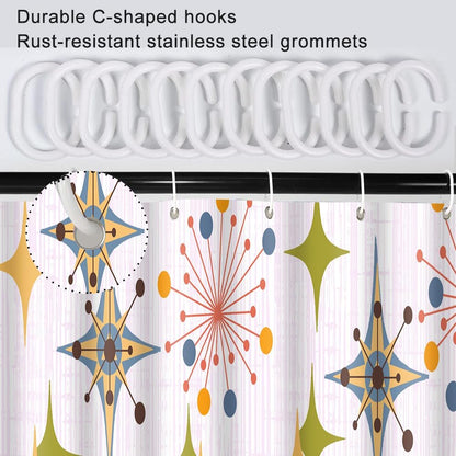 Mid Century Shower Curtain, Retro Pink Striped Geometric, 60x72inch