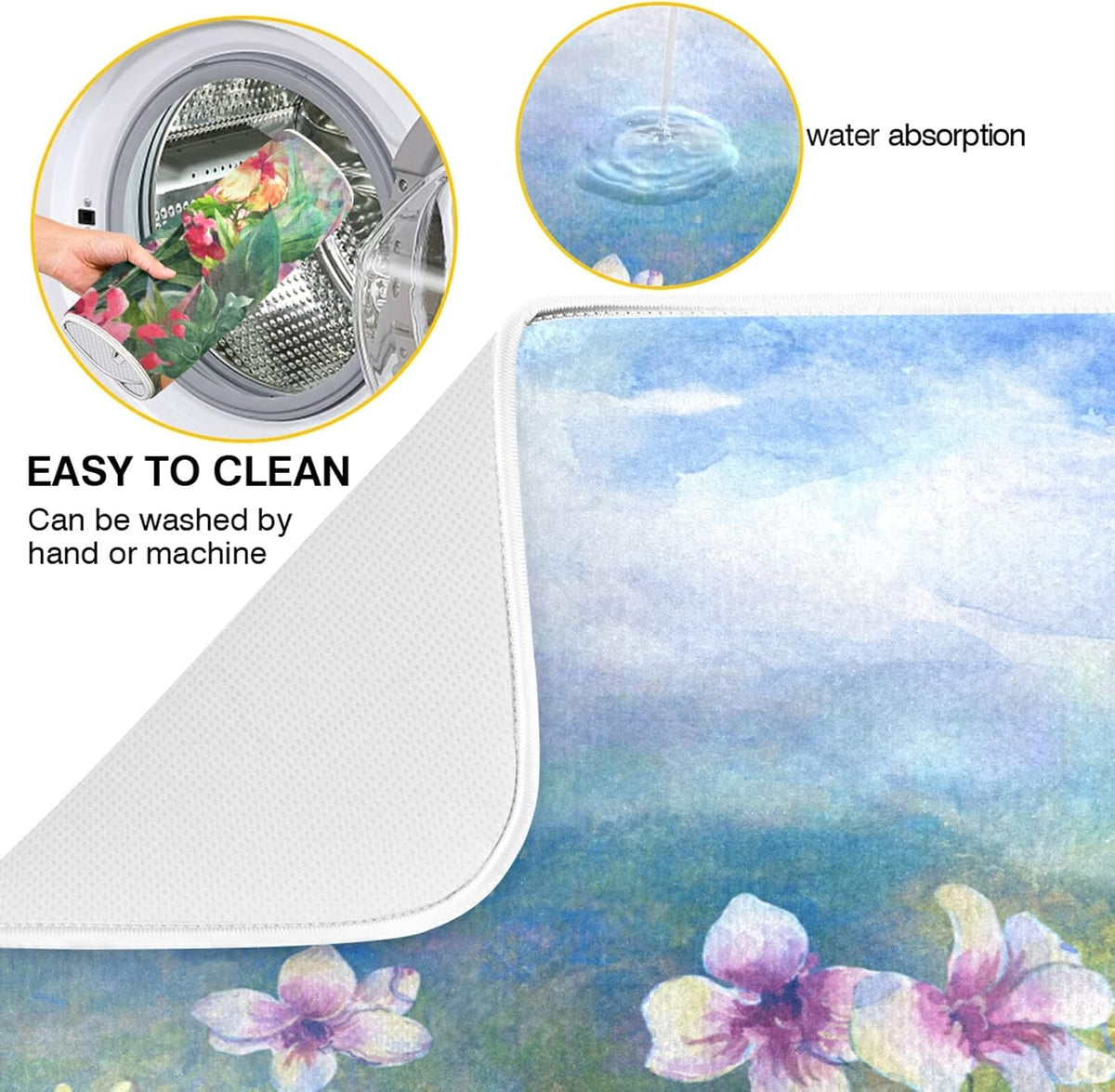 Absorbent Dish Drying Mat for Kitchen Counter - Pink Spring Blooming Flowers Microfiber Drying Pad, Reversible Drainer Mats for Countertop, Medium 16 x 18 inch