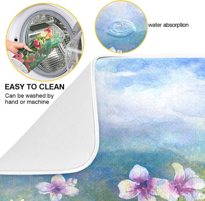 Absorbent Dish Drying Mat for Kitchen Counter - Pink Spring Blooming Flowers Microfiber Drying Pad, Reversible Drainer Mats for Countertop, Medium 16 x 18 inch