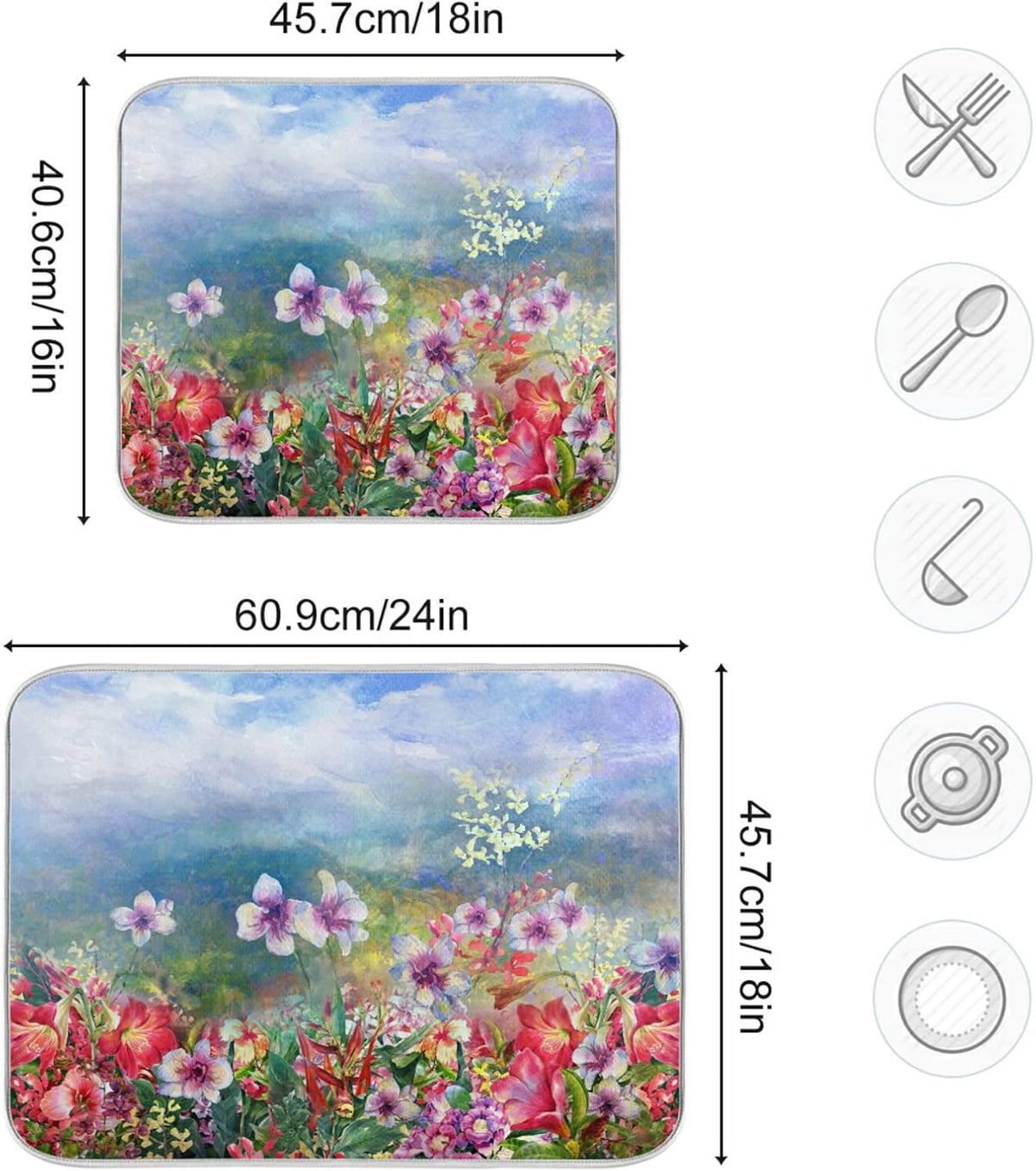 Absorbent Dish Drying Mat for Kitchen Counter - Pink Spring Blooming Flowers Microfiber Drying Pad, Reversible Drainer Mats for Countertop, Medium 16 x 18 inch