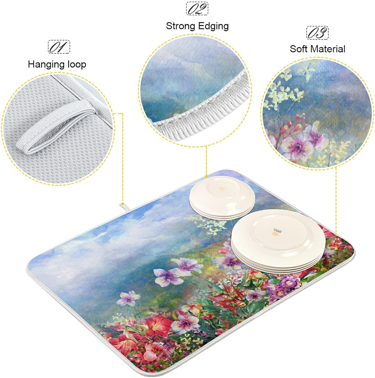 Absorbent Dish Drying Mat for Kitchen Counter - Pink Spring Blooming Flowers Microfiber Drying Pad, Reversible Drainer Mats for Countertop, Medium 16 x 18 inch