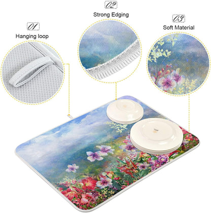 Absorbent Dish Drying Mat for Kitchen Counter - Pink Spring Blooming Flowers Microfiber Drying Pad, Reversible Drainer Mats for Countertop, Medium 16 x 18 inch