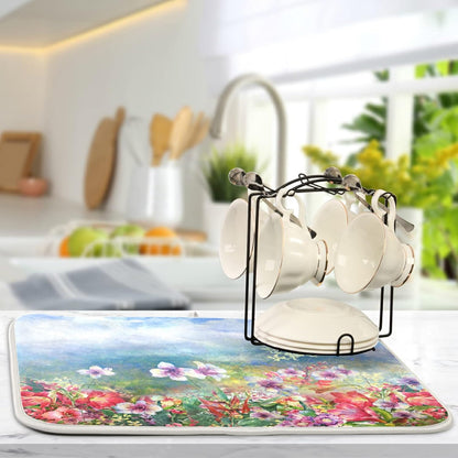 Absorbent Dish Drying Mat for Kitchen Counter - Pink Spring Blooming Flowers Microfiber Drying Pad, Reversible Drainer Mats for Countertop, Medium 16 x 18 inch