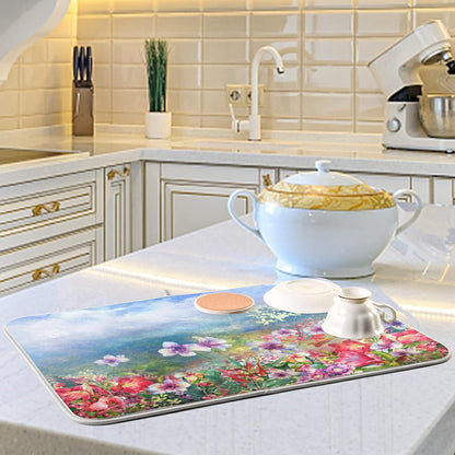 Absorbent Dish Drying Mat for Kitchen Counter - Pink Spring Blooming Flowers Microfiber Drying Pad, Reversible Drainer Mats for Countertop, Medium 16 x 18 inch