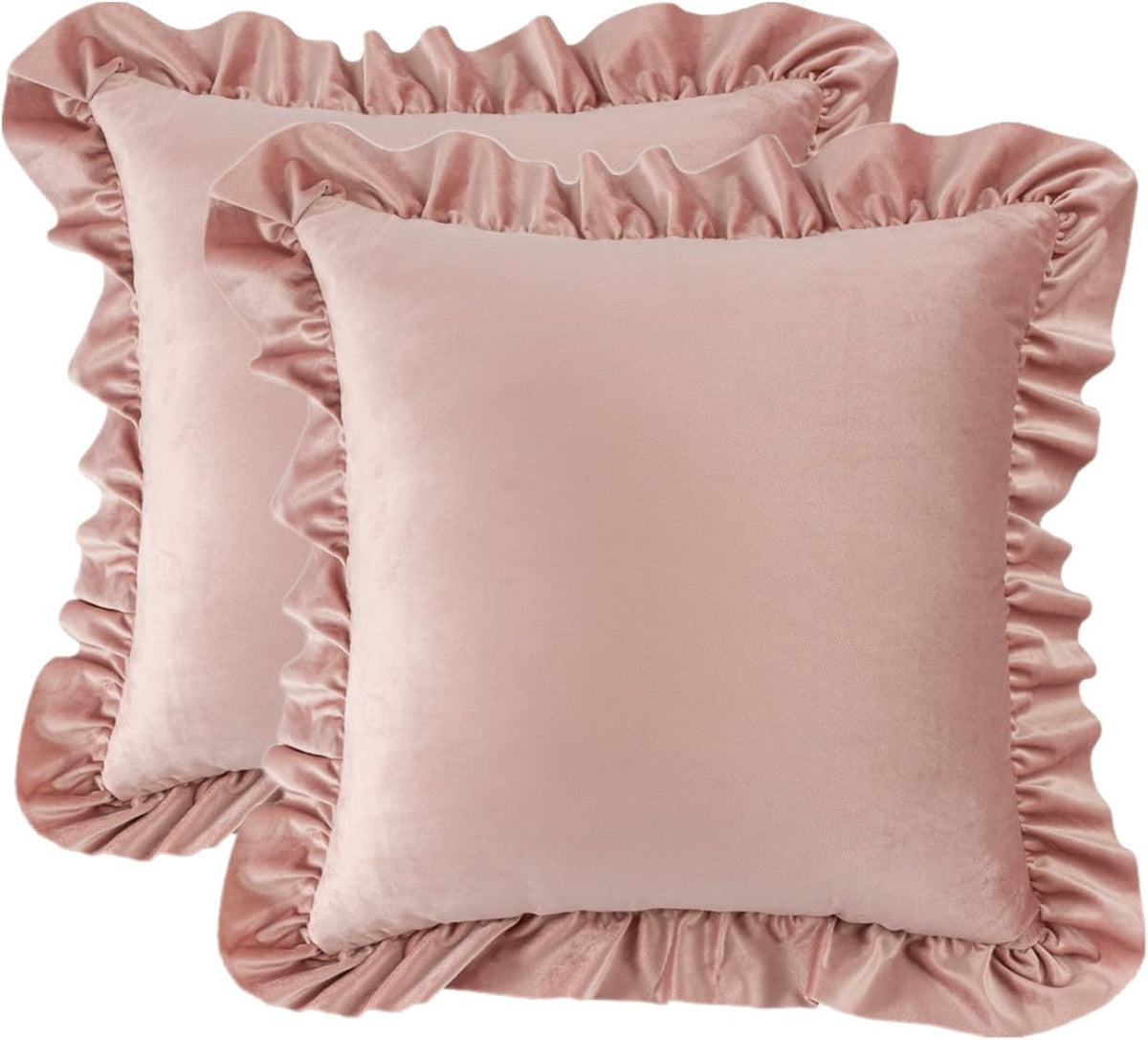 Square Ruffled Throw Pillow Covers 18x18 Inch Set of 2, Velvet Decorative Pillowcases with Ruffles Cushion Pillow Covers for Couch Sofa Bed Living Room Farmhouse, Pink