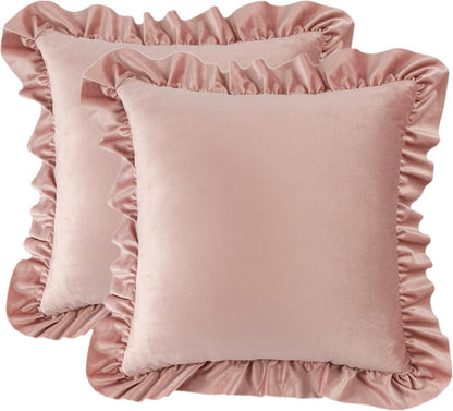 Square Ruffled Throw Pillow Covers 18x18 Inch Set of 2, Velvet Decorative Pillowcases with Ruffles Cushion Pillow Covers for Couch Sofa Bed Living Room Farmhouse, Pink