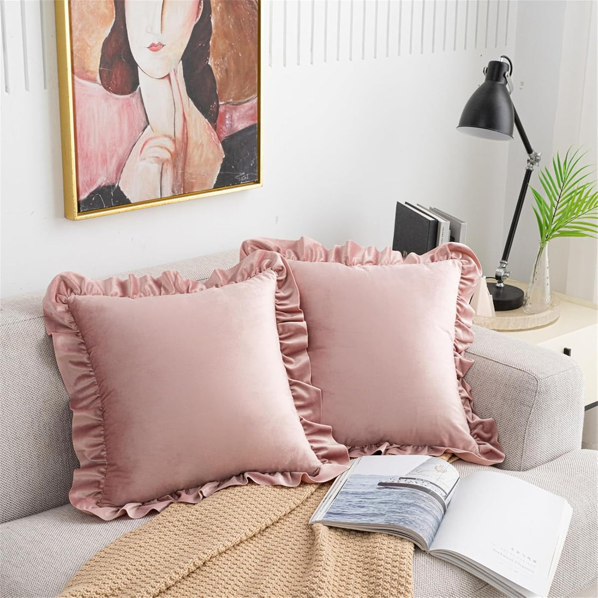 Square Ruffled Throw Pillow Covers 18x18 Inch Set of 2, Velvet Decorative Pillowcases with Ruffles Cushion Pillow Covers for Couch Sofa Bed Living Room Farmhouse, Pink