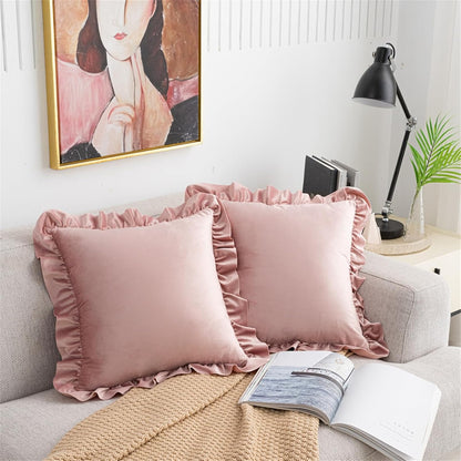 Square Ruffled Throw Pillow Covers 18x18 Inch Set of 2, Velvet Decorative Pillowcases with Ruffles Cushion Pillow Covers for Couch Sofa Bed Living Room Farmhouse, Pink