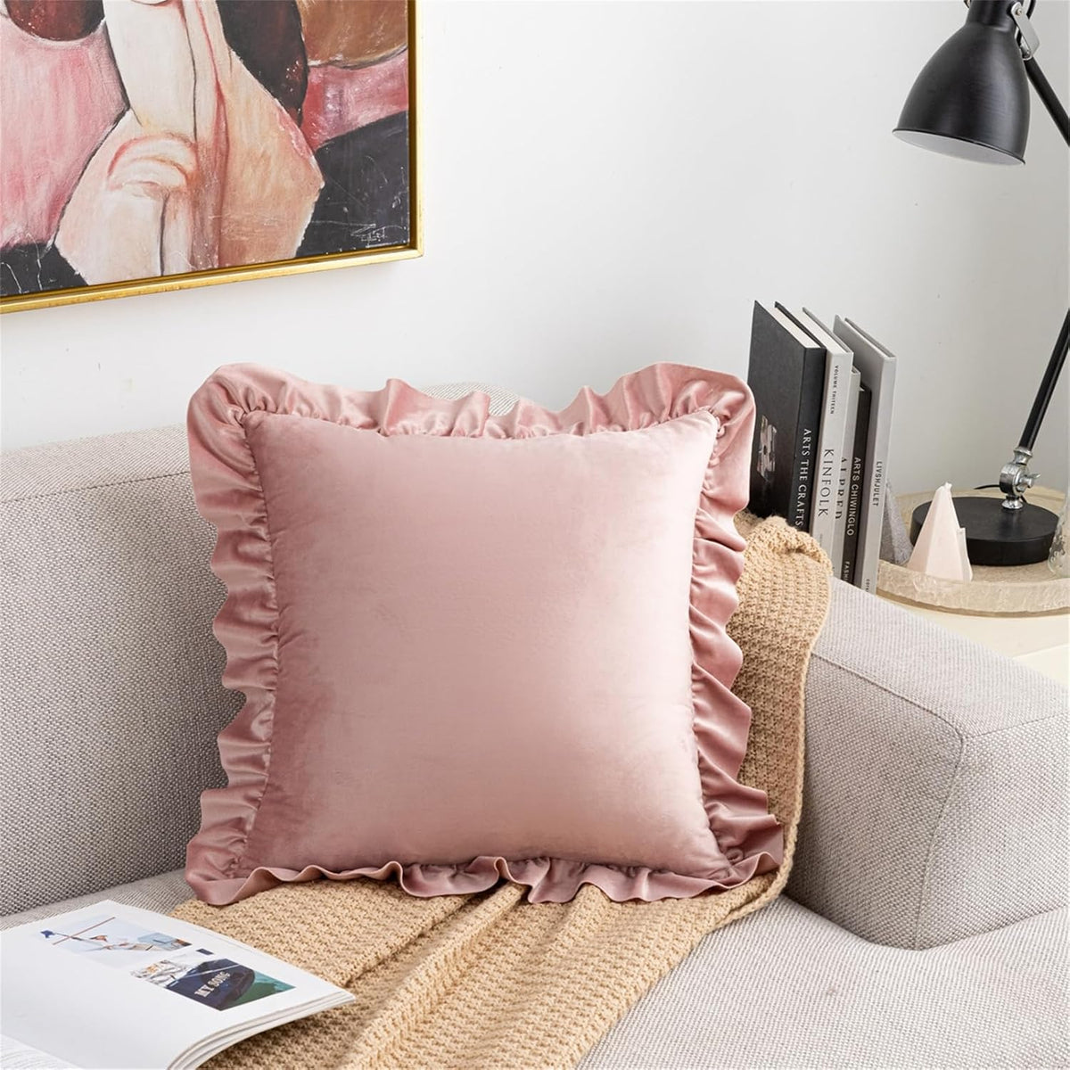 Square Ruffled Throw Pillow Covers 18x18 Inch Set of 2, Velvet Decorative Pillowcases with Ruffles Cushion Pillow Covers for Couch Sofa Bed Living Room Farmhouse, Pink