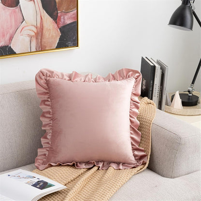 Square Ruffled Throw Pillow Covers 18x18 Inch Set of 2, Velvet Decorative Pillowcases with Ruffles Cushion Pillow Covers for Couch Sofa Bed Living Room Farmhouse, Pink
