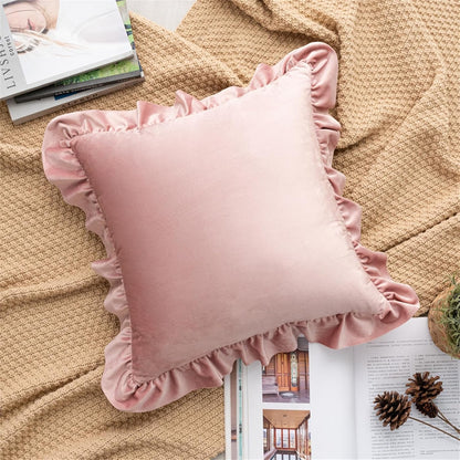 Square Ruffled Throw Pillow Covers 18x18 Inch Set of 2, Velvet Decorative Pillowcases with Ruffles Cushion Pillow Covers for Couch Sofa Bed Living Room Farmhouse, Pink