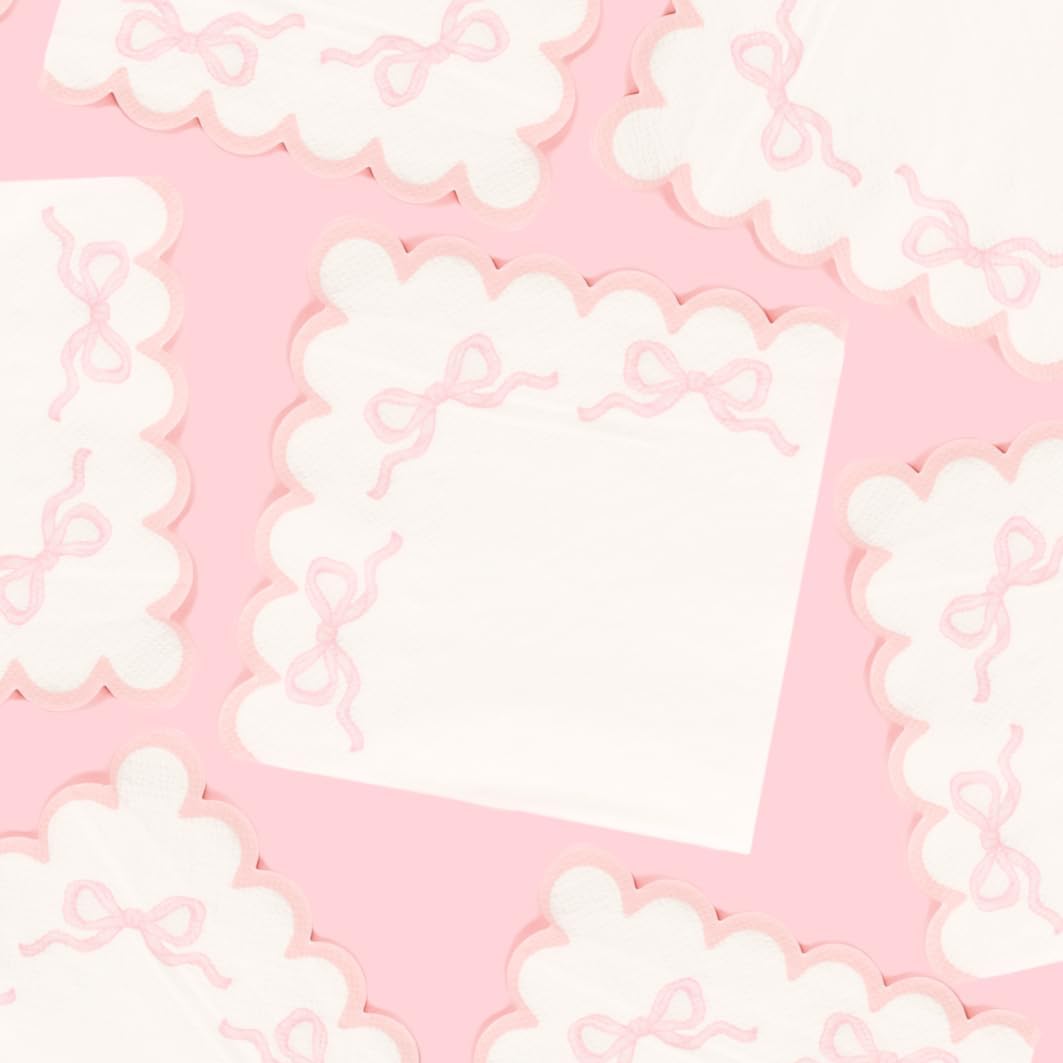 Pink Coquette Bow Party Napkins | 5" Cocktail 3-Ply 50 Pack | | Pink Bow Theme Party Decorations | First Birthday Baby Shower She's Tying the Knot Bachelorette Party | Premium Quality