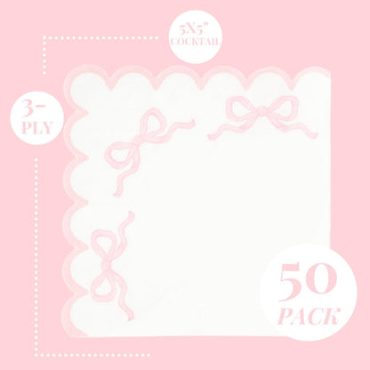 Pink Coquette Bow Party Napkins | 5" Cocktail 3-Ply 50 Pack | | Pink Bow Theme Party Decorations | First Birthday Baby Shower She's Tying the Knot Bachelorette Party | Premium Quality