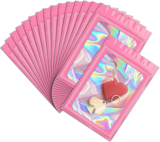 100PCS Holographic Pink Mylar Bags, Resealable Smell Proof 3.1x5.1