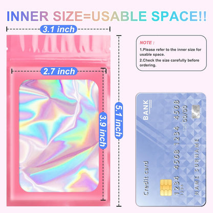 100PCS Holographic Pink Mylar Bags, Resealable Smell Proof 3.1x5.1