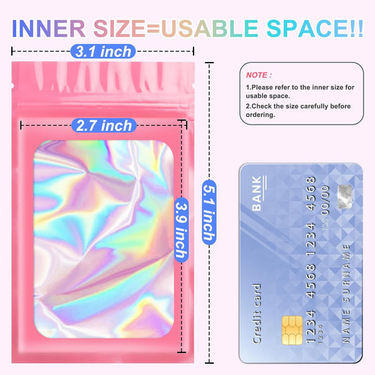 100PCS Holographic Pink Mylar Bags, Resealable Smell Proof 3.1x5.1