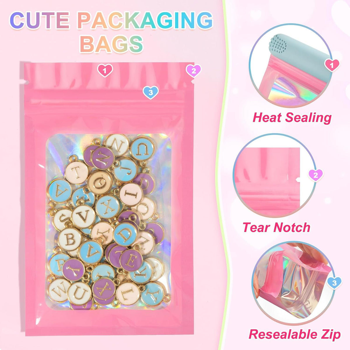 100PCS Holographic Pink Mylar Bags, Resealable Smell Proof 3.1x5.1