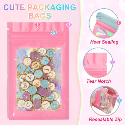 100PCS Holographic Pink Mylar Bags, Resealable Smell Proof 3.1x5.1