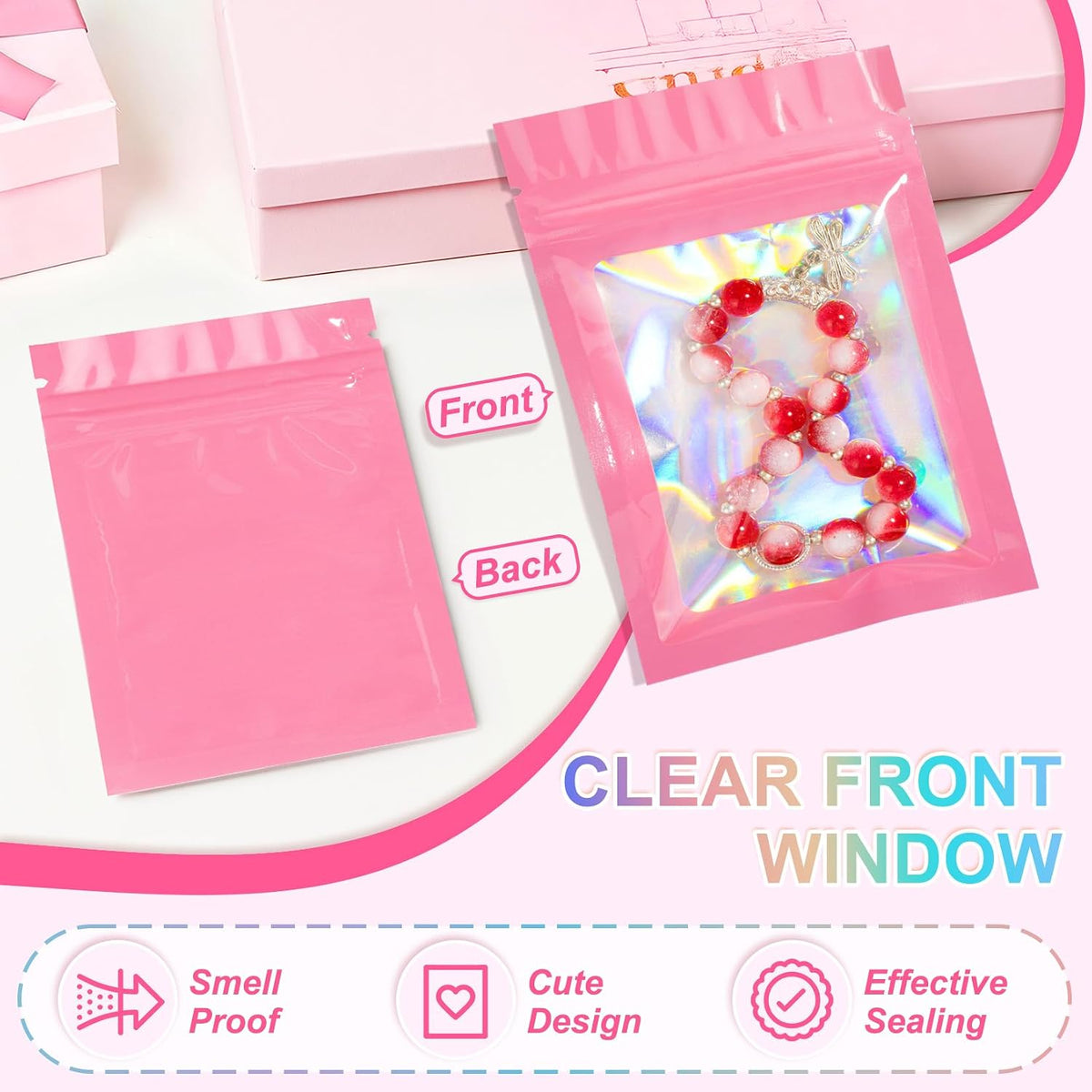 100PCS Holographic Pink Mylar Bags, Resealable Smell Proof 3.1x5.1