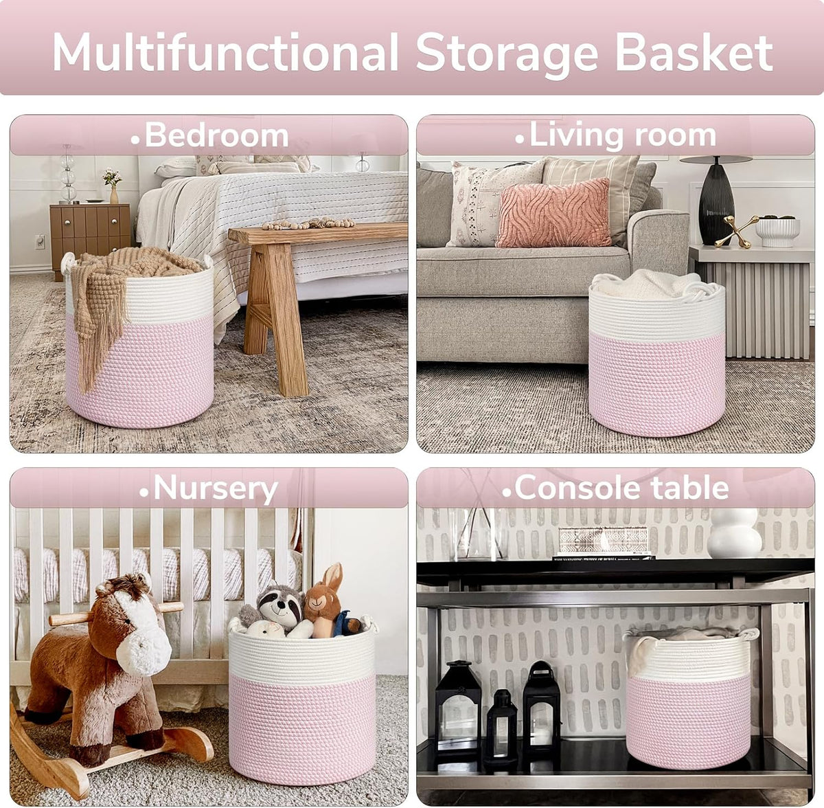 Woven Rope Blanket Basket Living Room, 40L, Pink