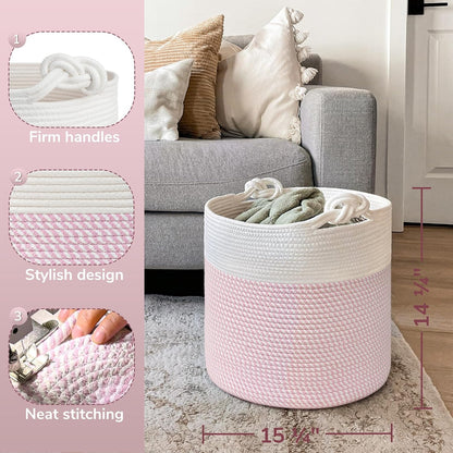 Woven Rope Blanket Basket Living Room, 40L, Pink