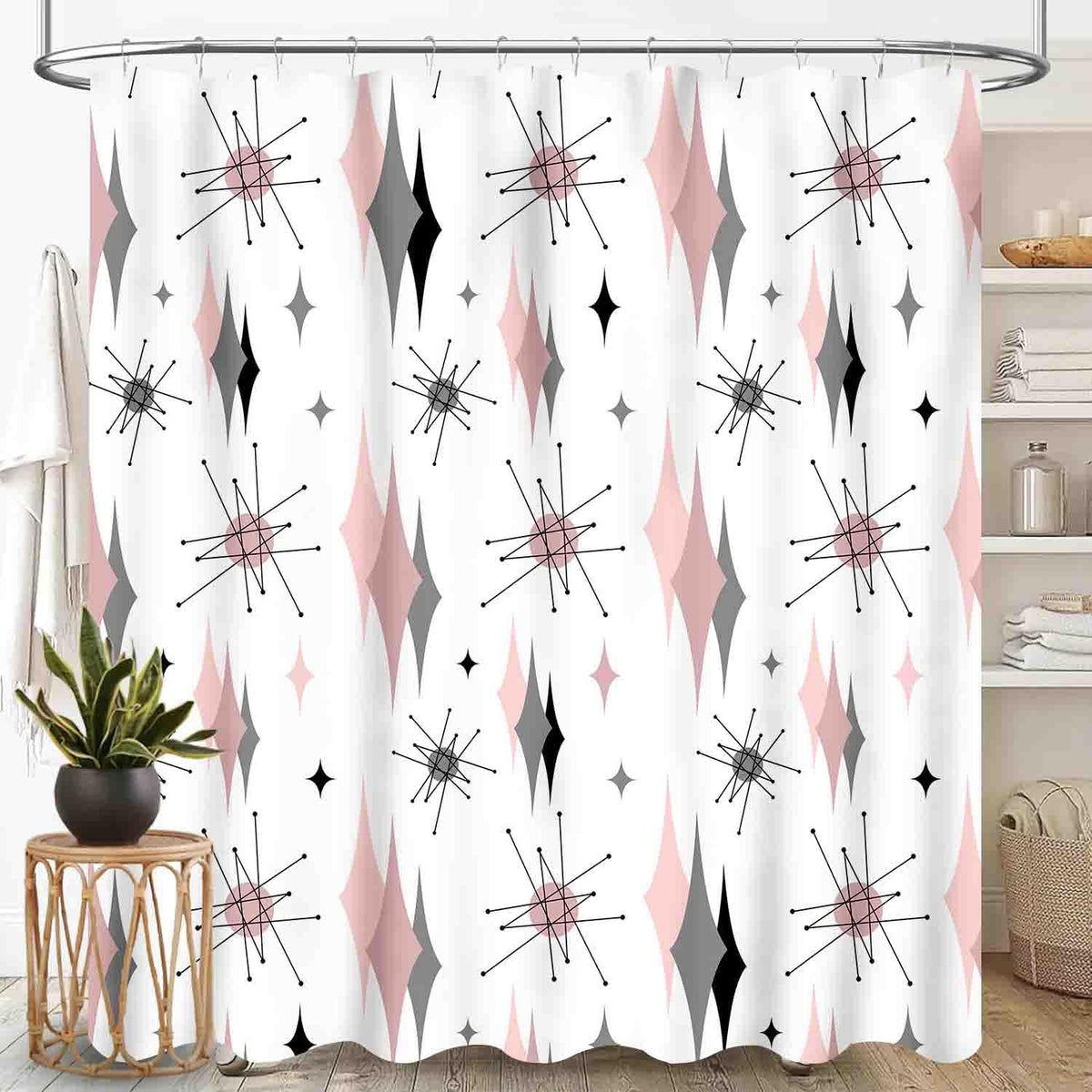 Mid Century Modern Shower Curtain, Pink Gray Geometric Atomic Abstract Pattern 1950s 1960s Retro Vintage Style Waterproof Fabric Bathroom Shower Curtain Set with Hooks, 72"x72" Inch