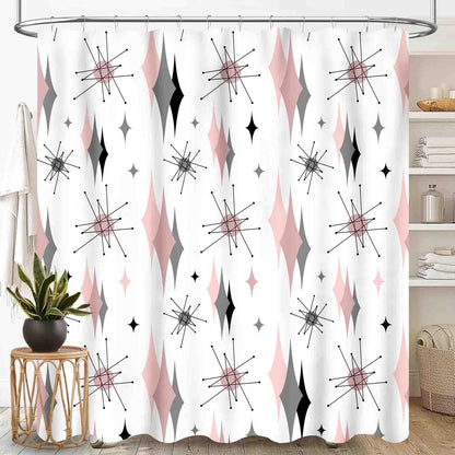 Mid Century Modern Shower Curtain, Pink Gray Geometric Atomic Abstract Pattern 1950s 1960s Retro Vintage Style Waterproof Fabric Bathroom Shower Curtain Set with Hooks, 72"x72" Inch