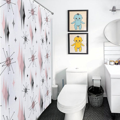 Mid Century Modern Shower Curtain, Pink Gray Geometric Atomic Abstract Pattern 1950s 1960s Retro Vintage Style Waterproof Fabric Bathroom Shower Curtain Set with Hooks, 72"x72" Inch