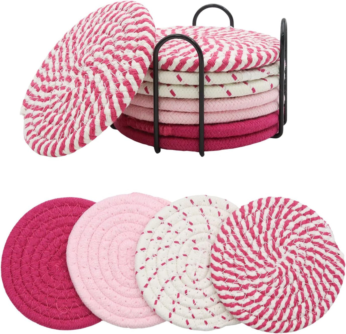 8Pcs Pink Coasters Set, 4 Colors Cotton Woven Absorbent Coasters