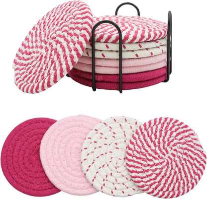 8Pcs Pink Coasters Set, 4 Colors Cotton Woven Absorbent Coasters