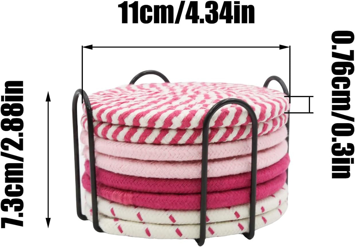 8Pcs Pink Coasters Set, 4 Colors Cotton Woven Absorbent Coasters