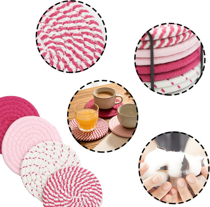 8Pcs Pink Coasters Set, 4 Colors Cotton Woven Absorbent Coasters