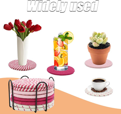 8Pcs Pink Coasters Set, 4 Colors Cotton Woven Absorbent Coasters
