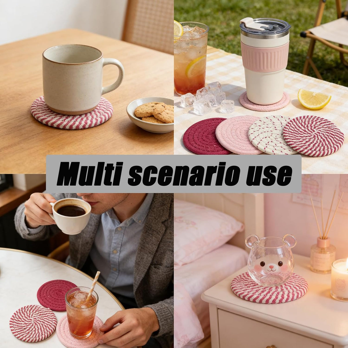 8Pcs Pink Coasters Set, 4 Colors Cotton Woven Absorbent Coasters