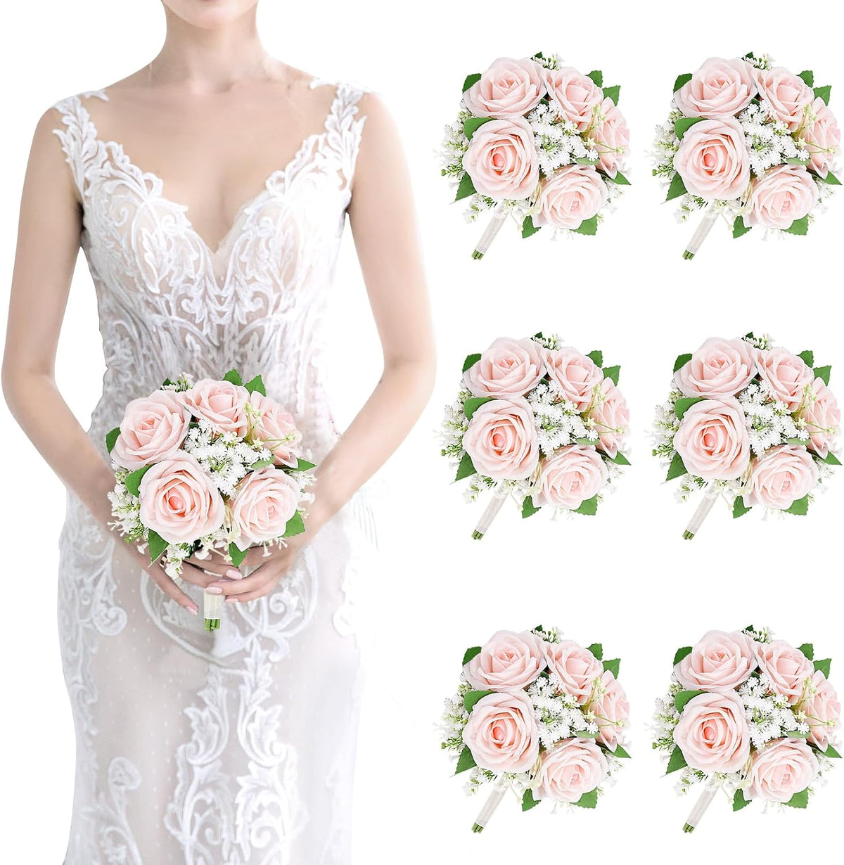 Artificial Bridesmaid Bouquets Set of 6 - 7 Inch Bridesmaid Flower Bouquet Peach Pink Rose Babys Beath Small Floral Bouquet for Wedding Holding Flowers,Bridal Shower Wedding Ceremony Anniversary