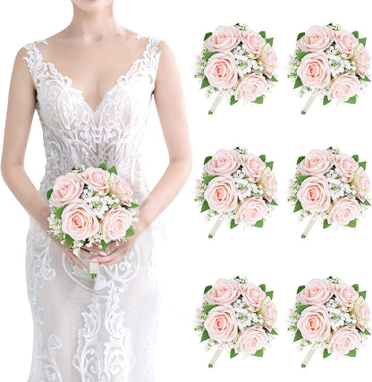 Artificial Bridesmaid Bouquets Set of 6 - 7 Inch Bridesmaid Flower Bouquet Peach Pink Rose Babys Beath Small Floral Bouquet for Wedding Holding Flowers,Bridal Shower Wedding Ceremony Anniversary
