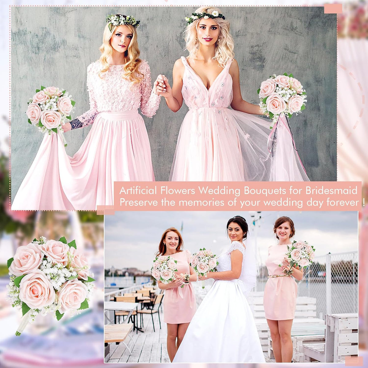 Artificial Bridesmaid Bouquets Set of 6 - 7 Inch Bridesmaid Flower Bouquet Peach Pink Rose Babys Beath Small Floral Bouquet for Wedding Holding Flowers,Bridal Shower Wedding Ceremony Anniversary