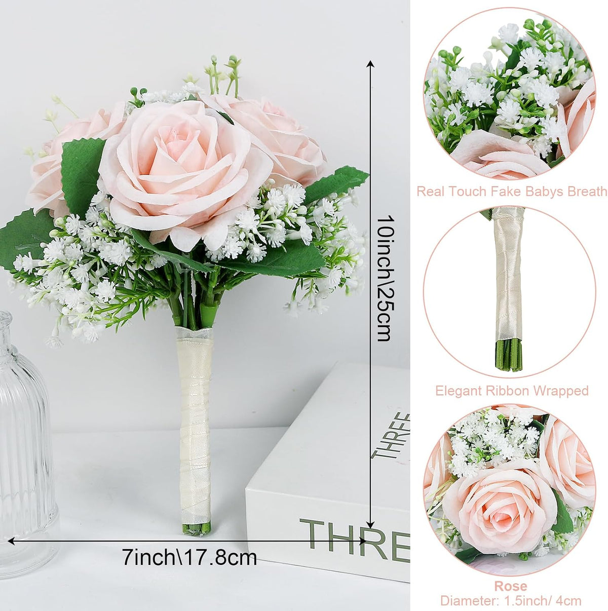 Artificial Bridesmaid Bouquets Set of 6 - 7 Inch Bridesmaid Flower Bouquet Peach Pink Rose Babys Beath Small Floral Bouquet for Wedding Holding Flowers,Bridal Shower Wedding Ceremony Anniversary