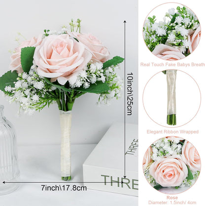 Artificial Bridesmaid Bouquets Set of 6 - 7 Inch Bridesmaid Flower Bouquet Peach Pink Rose Babys Beath Small Floral Bouquet for Wedding Holding Flowers,Bridal Shower Wedding Ceremony Anniversary